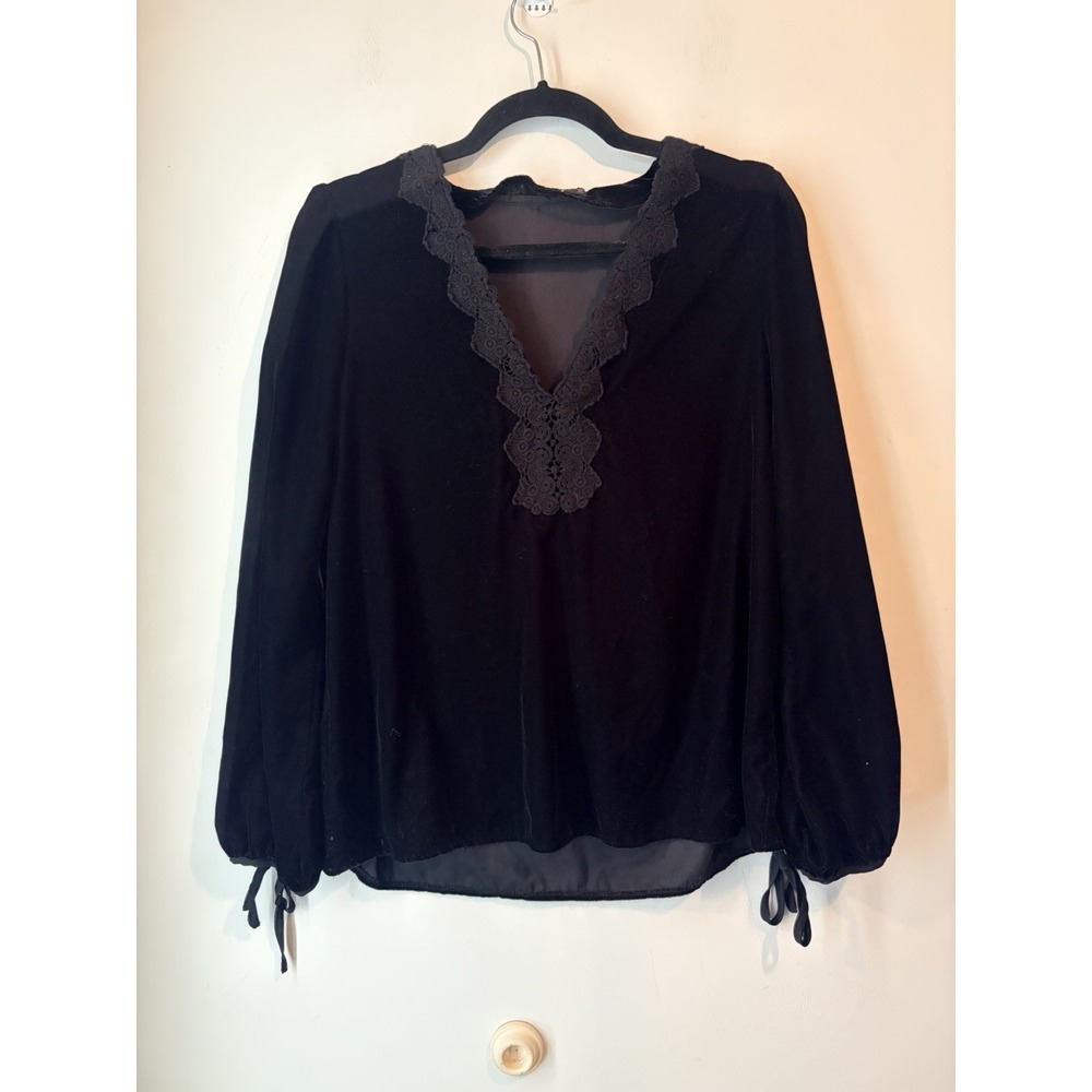 Zara Basic Black Velvet‎ Velour Lace Trim Peasant Blouse Size Medium Classic